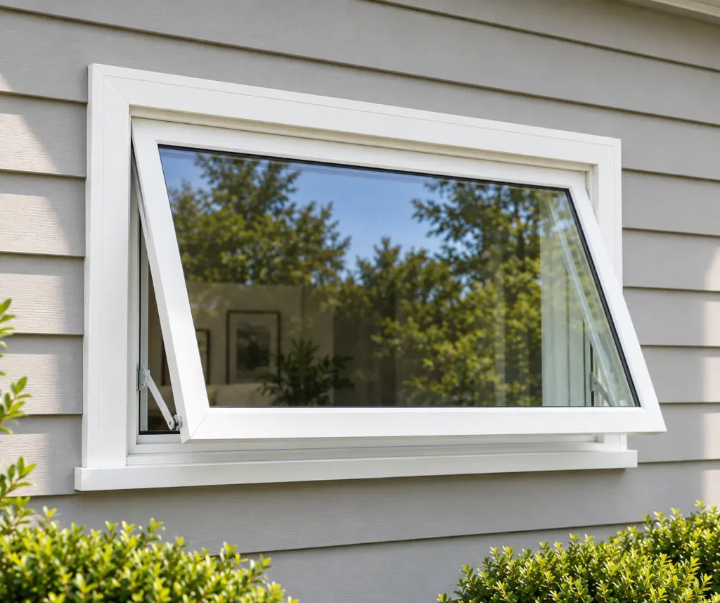 Awning replacement window hinged at the top, propped open