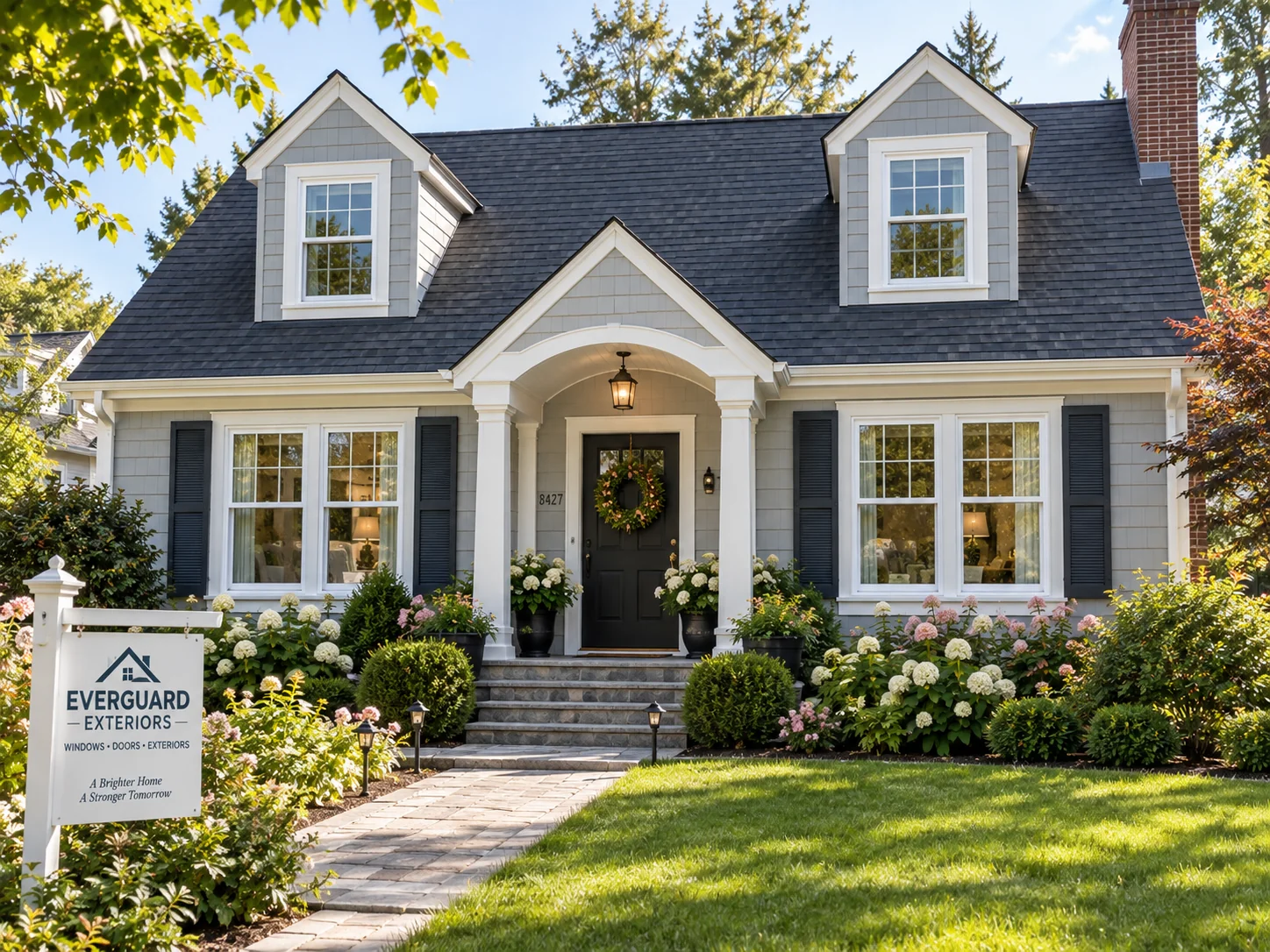Blue craftsman-style home with bright white vinyl replacement windows