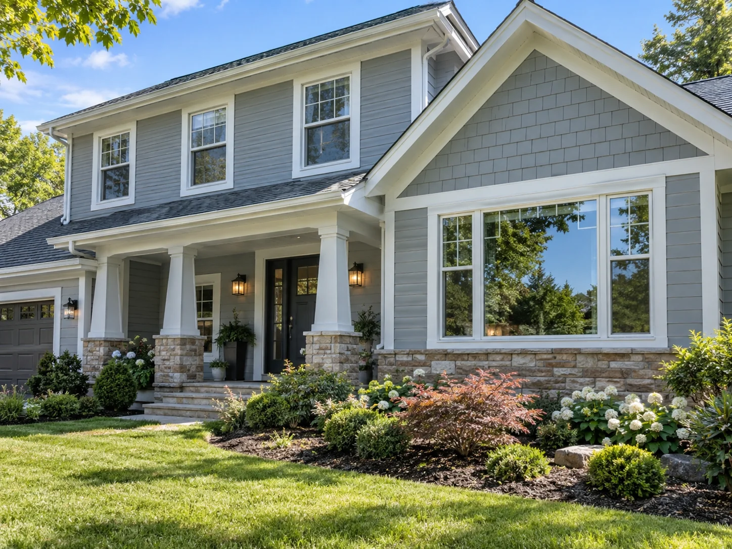Gray two-story home with bright white vinyl windows