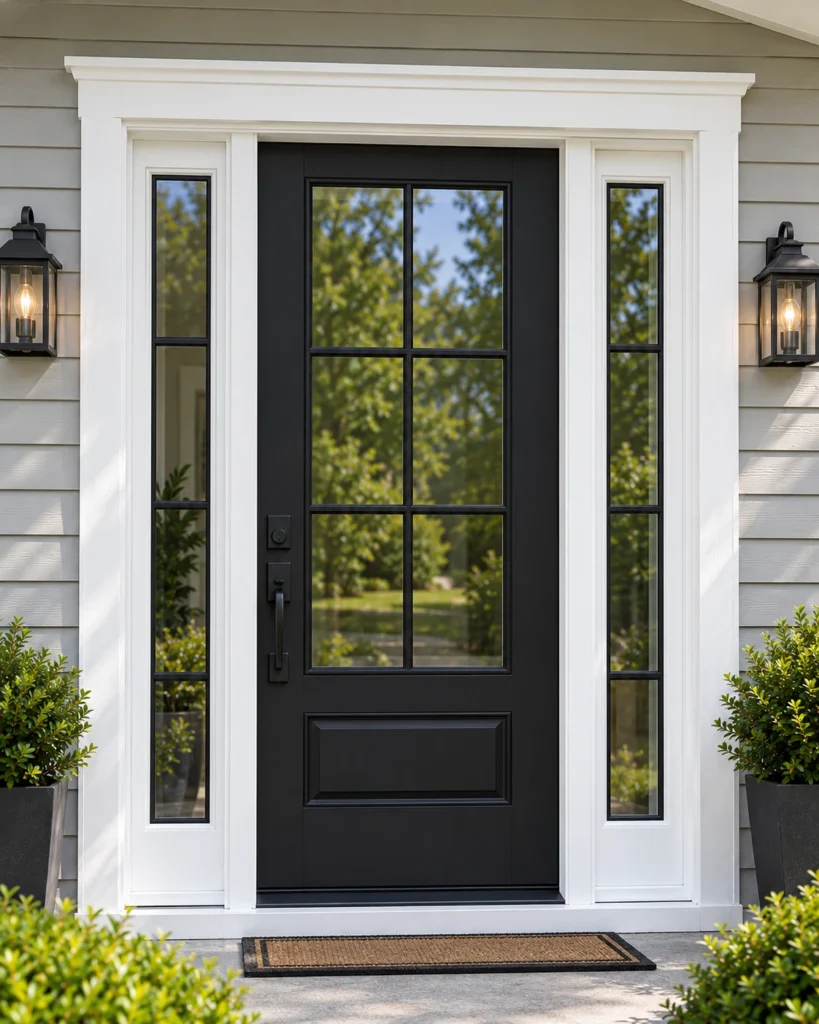 Black entry door with glass lites and sidelights