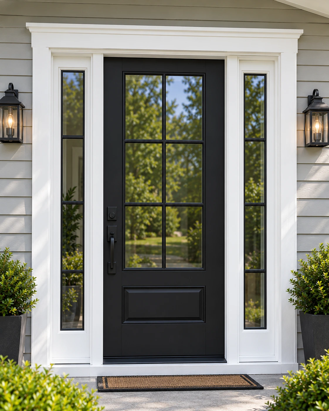 Black entry door with glass lites and sidelights