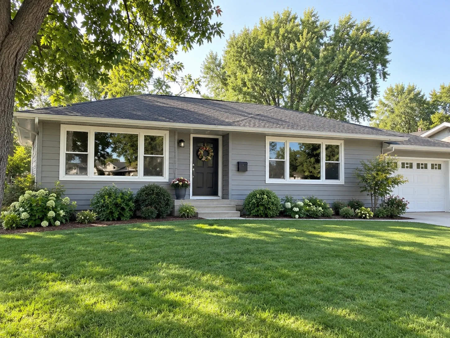 Single-story home with clear white-framed windows