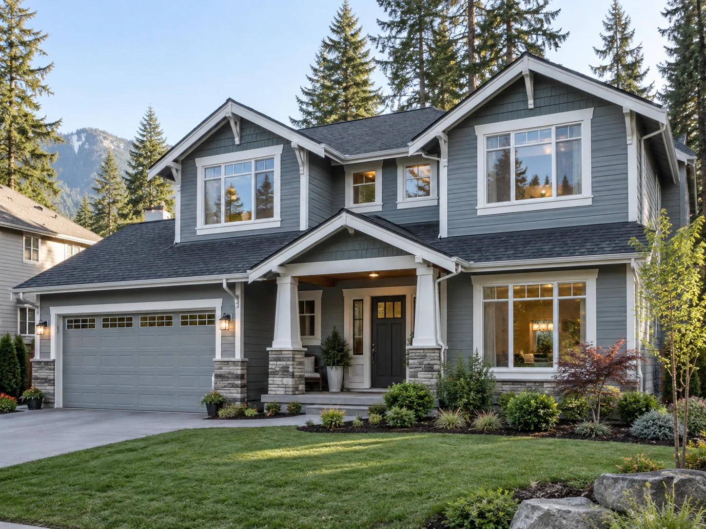Large picture window facing evergreens