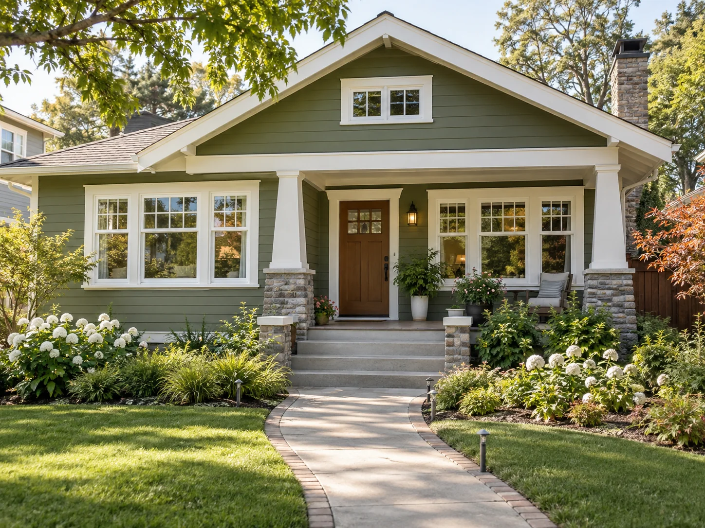 Green craftsman home with a wood front door and white windows