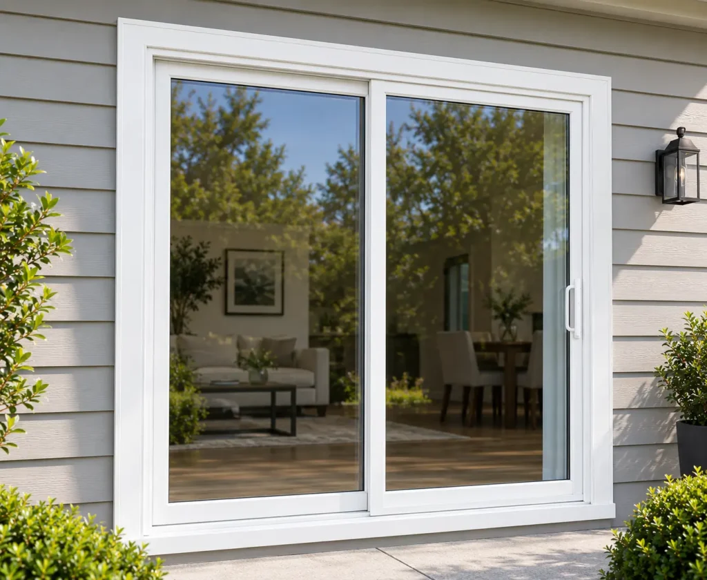 Sliding patio door with a wide glass panel and low threshold