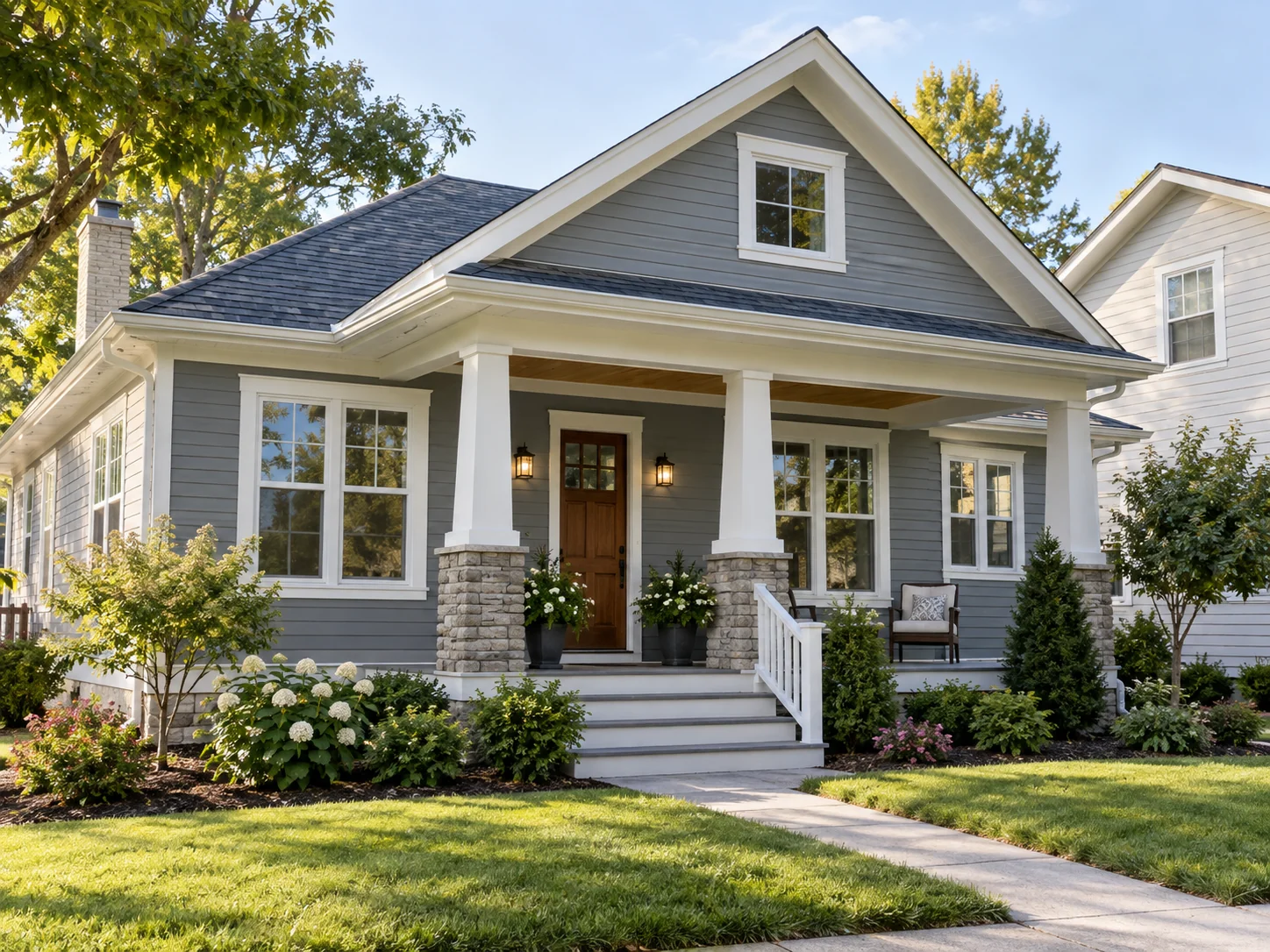Gray craftsman home with a wood front door and covered porch