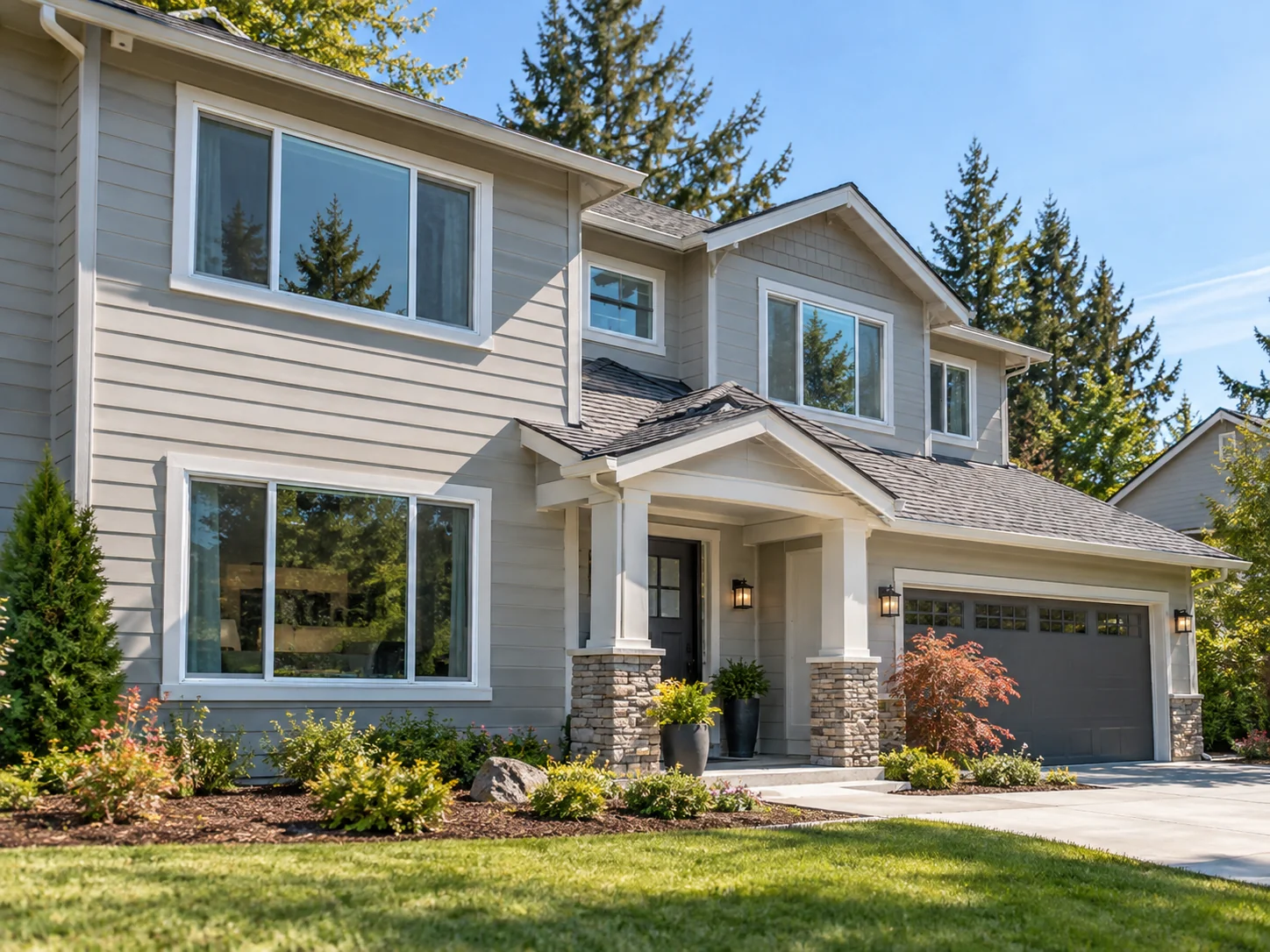 White farmhouse in Skagit County with black windows